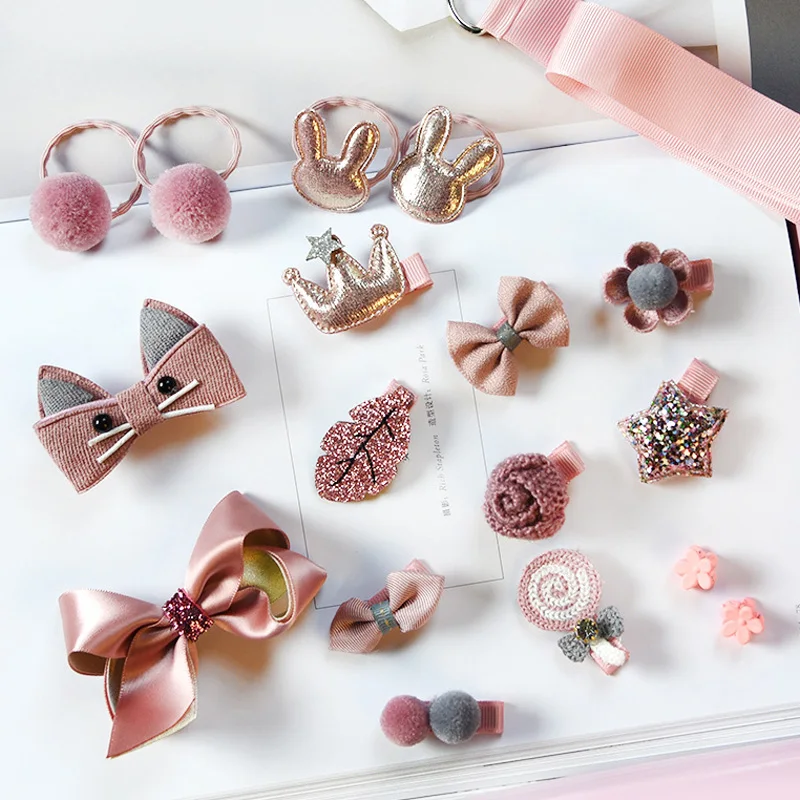 Light pink 18 шт./компл. кошка Изящные носки с пальчиками детские, с изображением кролика для девочек бант заколка для волос эластичной ткани с рисунком в виде, волосы на заколках для наращивания веревка, принт медведя, детский уникальная Цветочная корона - Цвет: Light pink