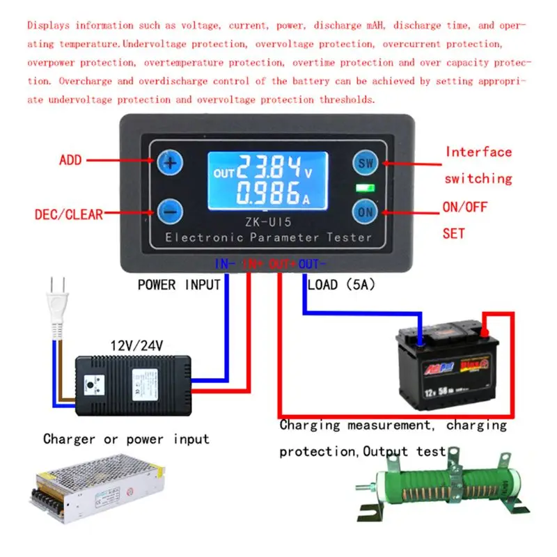 

DC5-38V Multifunction Voltmeter Ammeter Electronic Load Battery Monitor Tester