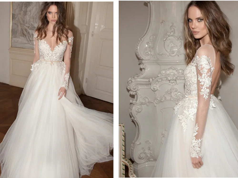 

sexy backless a-line vestido de noiva 2018 new fashion appliques lace long sleeve robe de mariage mother of the bride dresses
