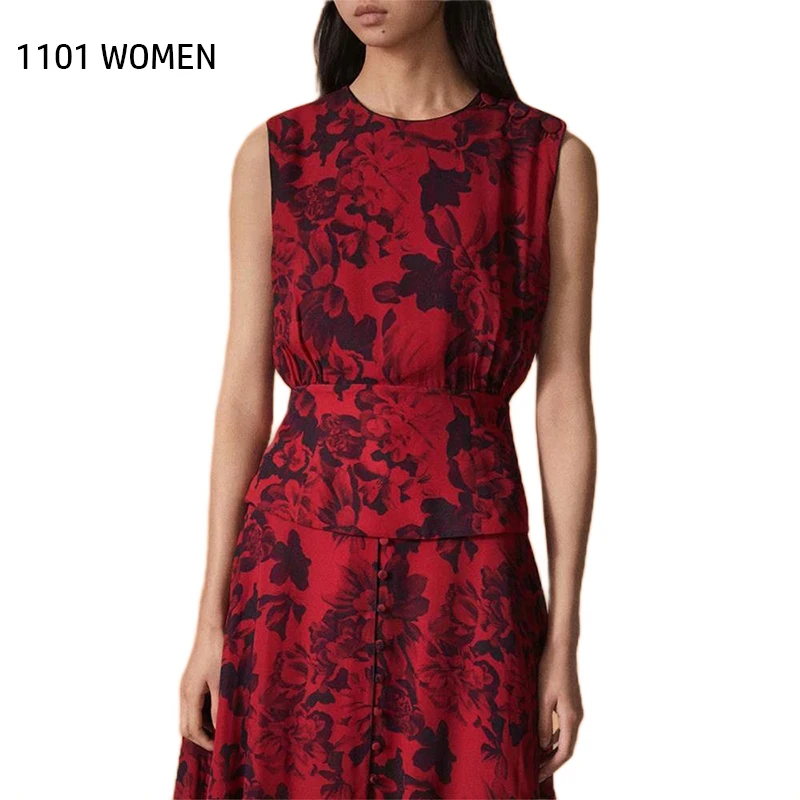 ZA NEW Spring Women 2 pieces Set red Flower Print Sleeveless Shirt long dress Suit female clothes | Женская одежда