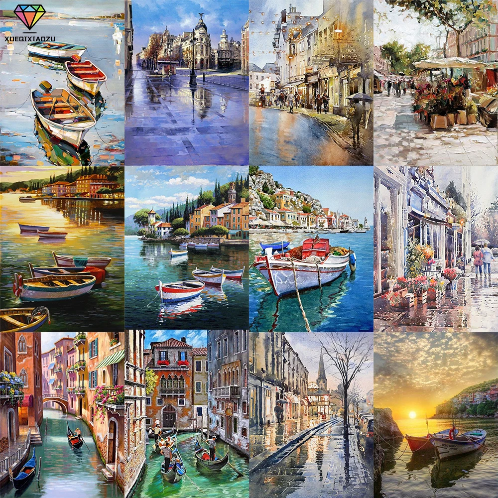 XUEQIXIAOZU-Full-Round-Street-boat-landscape-art-Diamond-drawing-5D-DIY-Diamond-embroidery-Home-decoration-gifts