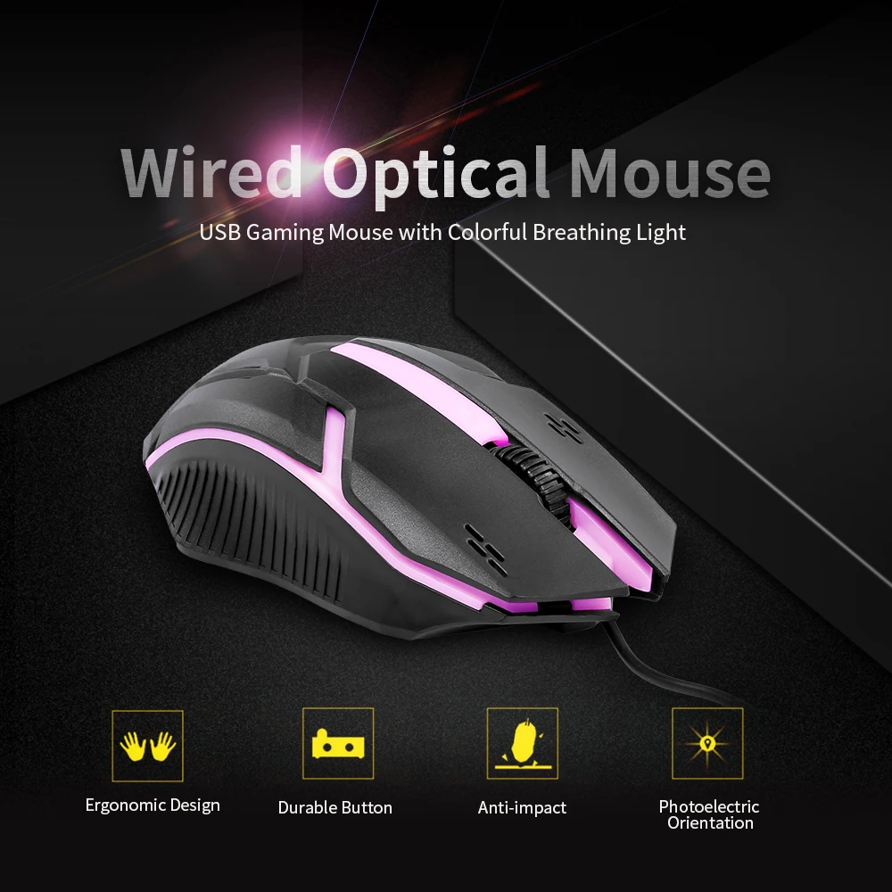 USB Wired Optical Mouse Gaming Mouse 1200DPI USB Gaming Mouse Ergonomic Mouse with Colorful Breathing Light For PC Laptop