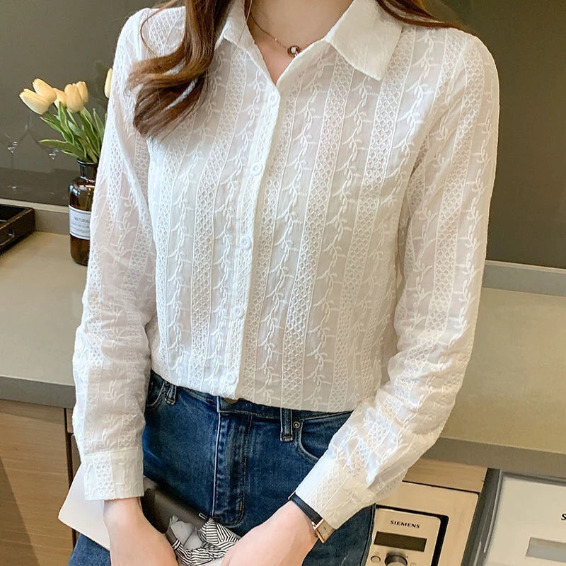 informales bordadas para mujer, blanco vestido elegante, de manga larga de gran tamaño, Top Vintage a la moda, ropa para mujer joven 2022|Camisa| - AliExpress