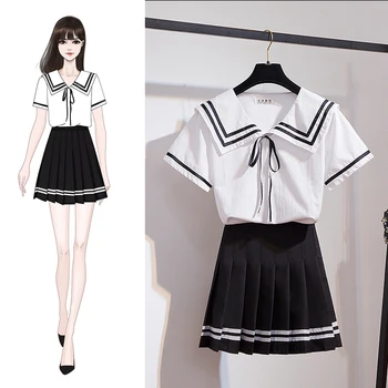 

Summer School Cloth Suits Sweet Female Turn-Down Collar White Blouse Shirt Mini Pleated Skirt Two Piece Casual Dress