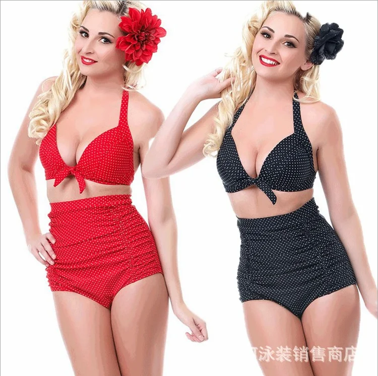 

Sexy Bikini European and American Large Size Swimsuit split bikini with high waist slim belly retro wave point pattern fat