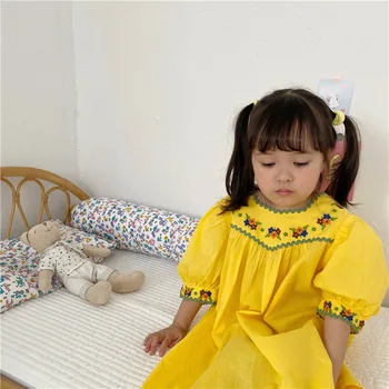 

2020 Summer Girls Embroidered Floral Princess Dress Toddler Children Puff Short-Sleeved Fashion Solid Color Dress for Kids Cloth
