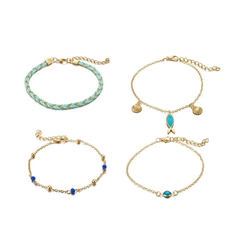 Docona 4 шт./1 комплект Boho Blue Fish Cowrie многослойный ножной браслет для женщин Девушка геометрический многоярусный ножной браслет набор бижутерия для ног 8637
