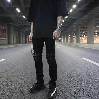 

High street fan car skin elastic feet jeans, hip-hop black slim thin trousers