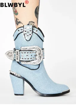 

2020 New Women Fashion Platform Denim Boots Mid-Calf Boots Button Solid Low Heels Ladies Casual Warm Crystal Boots for Winter