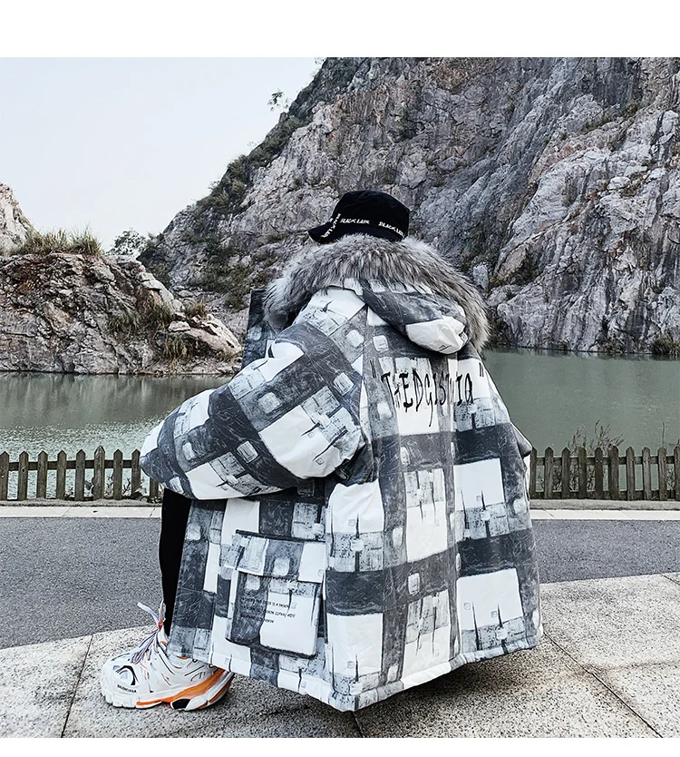 Cotton Winter Jacket Men Thick Warm Hip Hop Winderbreak Man Loose Outwear Streetwear Hooded Winter Parka Jackets Male Plaid Coat