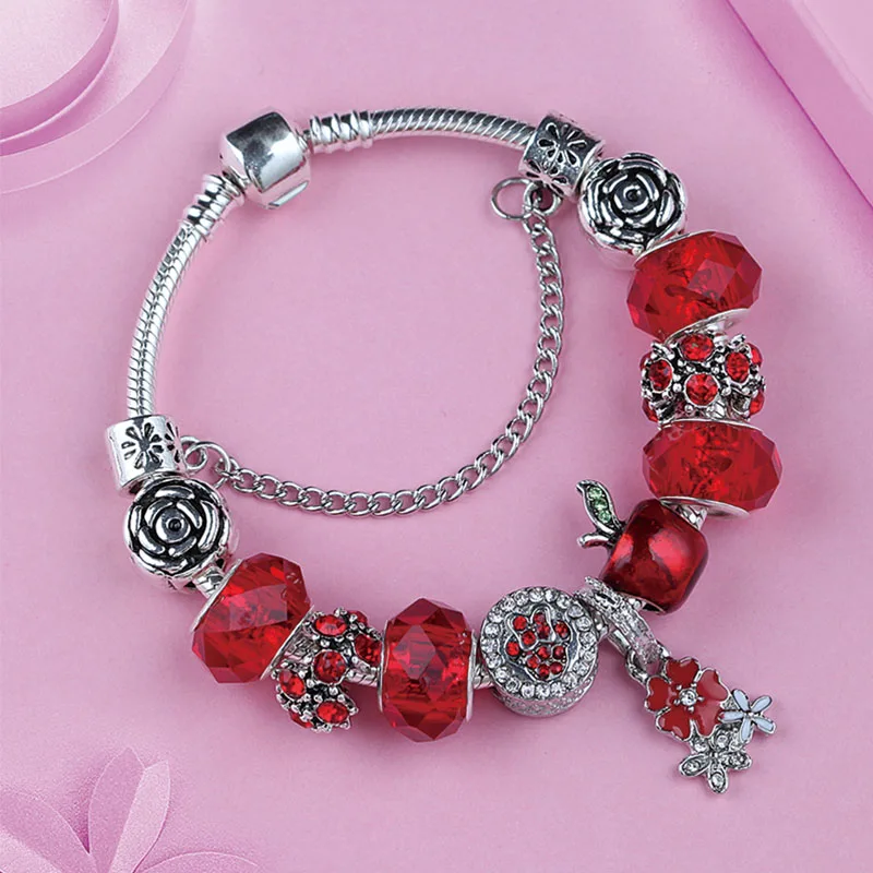 European& American Trendy Christmas Apple Charm Bracelet& Bangle Red Flower Crystal Diy Bead Bracelet Jewelry for Women