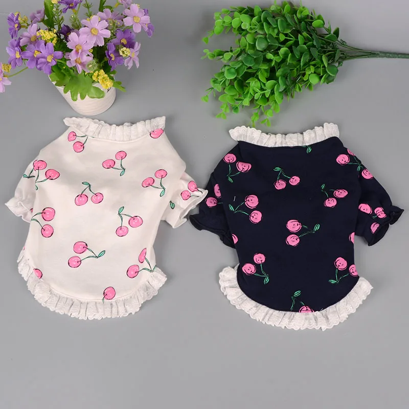 Cherry Printed Luxury Dog Clothes Lace Design Pet Clothes for Spring