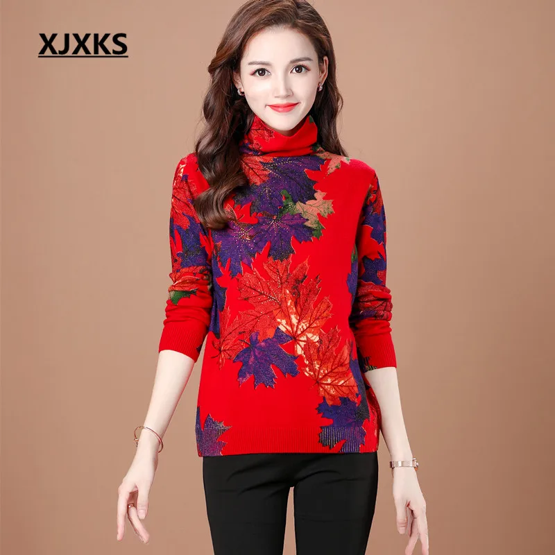 XJXKS Women Turtleneck Sweater Autumn Winter New Fashion Print Plus Size Comfort Wool Knit Sweater Women Pullover