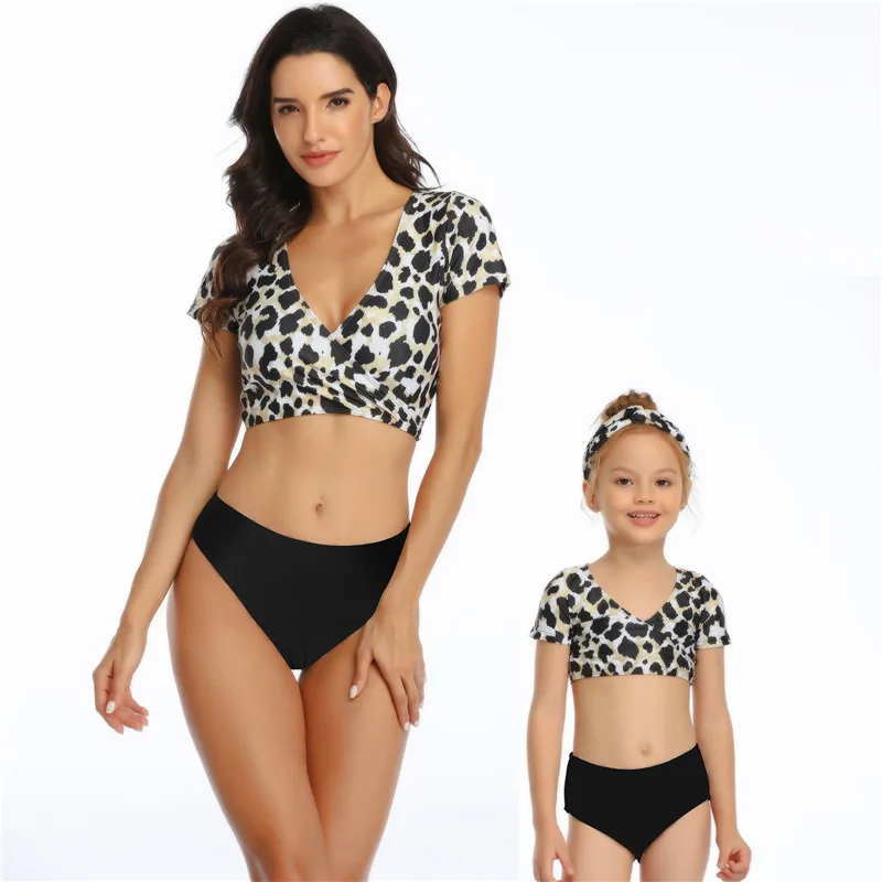 

bunvel Mommy and Me Swimsuit Family Look Matching Outfits Summer Leopard Print Bathing Suit Brazilian Beach Wear Swimming Suit