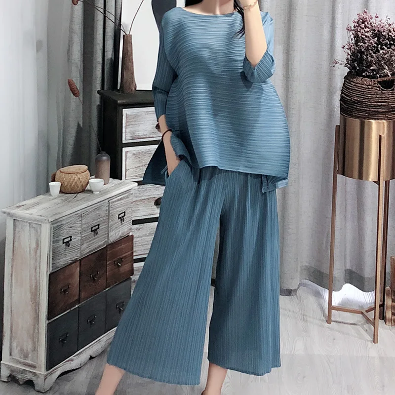[EAM] 2020 New Spring Vintage O Collar Loose Three Quarter Sleeve Tops Full Length Pants Suit Summer Women Fashion Tide OA979