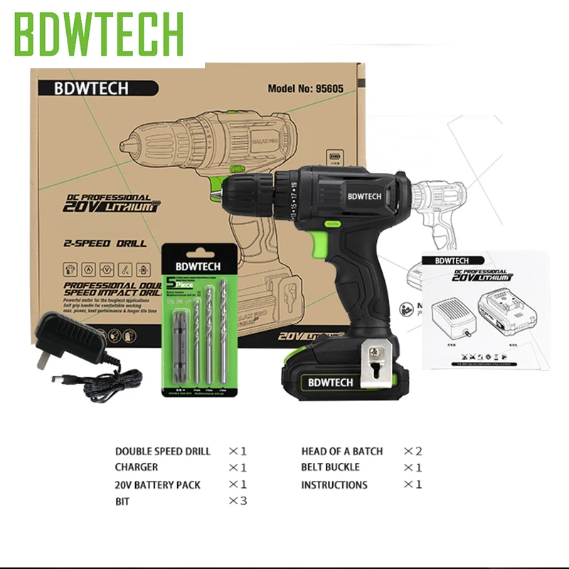 BDWTECH 20 в электрическая отвертка Сменная аккумуляторная отвертка с литиевой батареей двухскоростная Беспроводная отвертка бесплатный возврат - Цвет: BDW20V Drill