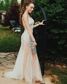 

Luxury Beaded Mermaid Women Dinner Dress Formal Dress Sexy See Through Tulle Long Evening Gown robe de soiree