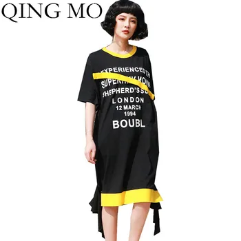 

QING MO Summer Women Irregular Dress 2020 Women Letter Printed Dress Female Half Sleeve T Shirt Dress Ribbon ZQY3276