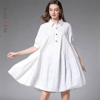 

LANMREM can ship casual plus size turn down collar cotton shirt style Dresses for women Loose long sleeve big size clothes YH846