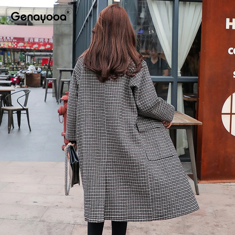 Genayooa винтажное зимнее шерстяное пальто с гусиной лапой женское клетчатое