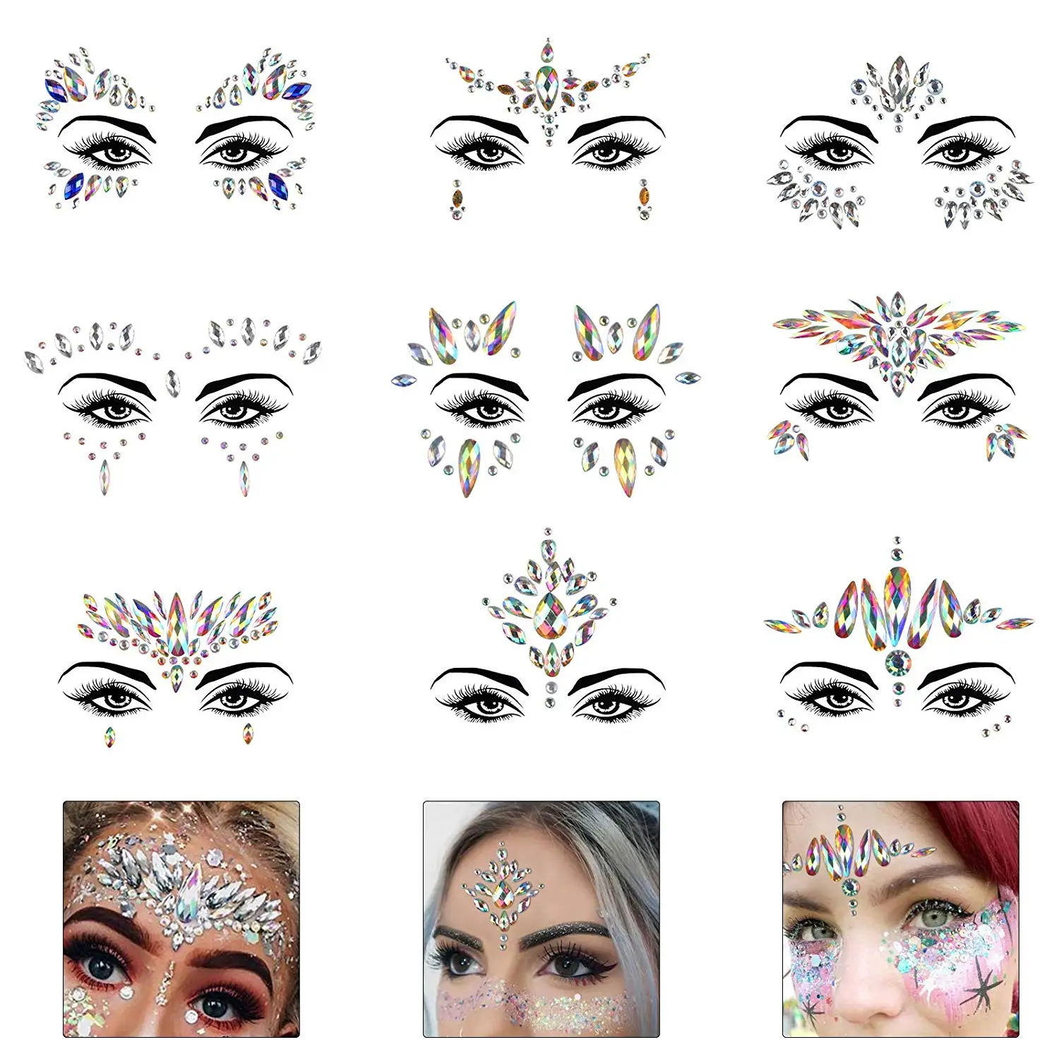 

METABLE 9 Pack Glitter Face Gems Rhinestone Temporary Tattoo Mermaid Face Jewels Crystals Eyebrow Body Sticker for Rave Festival