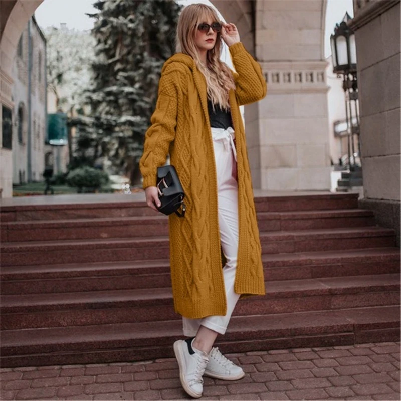 Модный женский Зимний вязаный свитер элегантный теплый халат кардиган Femme женские трикотажные изделия Дамская уличная одежда с капюшоном dames kleding - Цвет: Цвет: желтый
