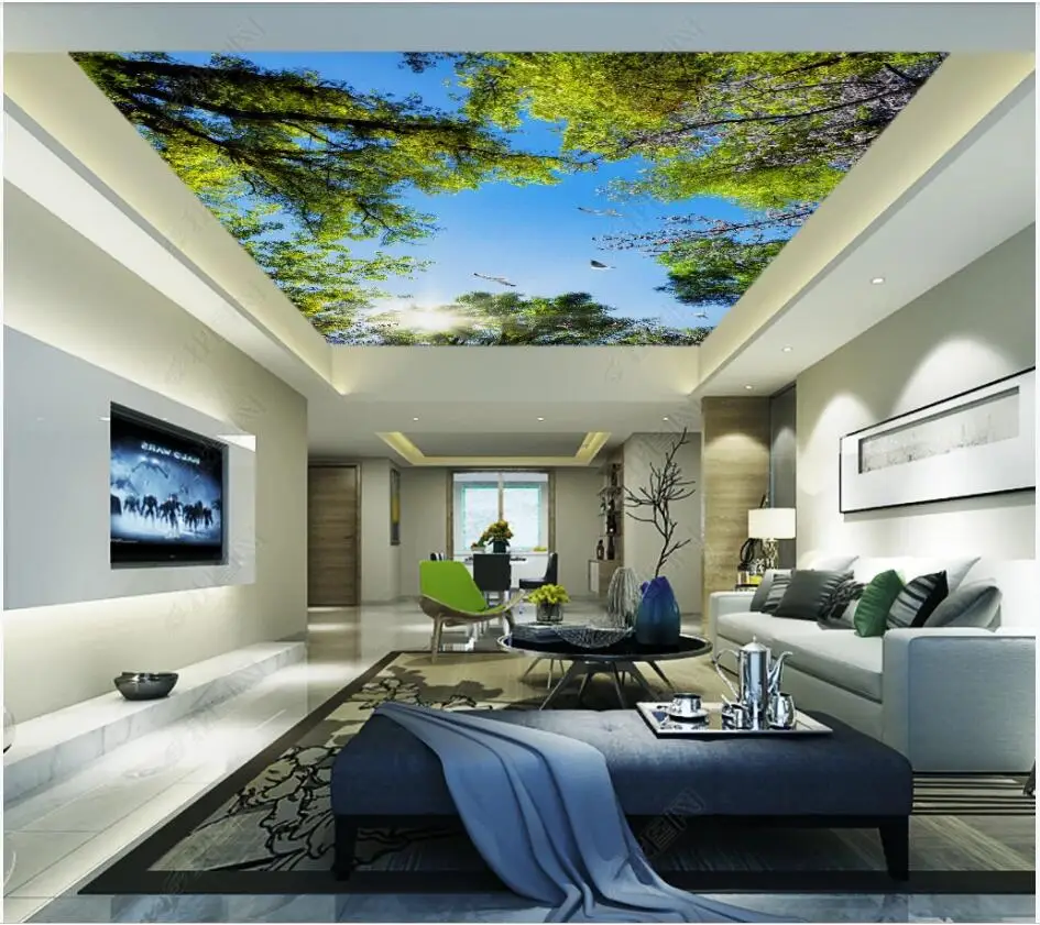 

WDBH custom photo 3d ceiling murals wallpaper Blue sky, white clouds, green leaves decor 3d wall murals wallpaper for walls 3 d