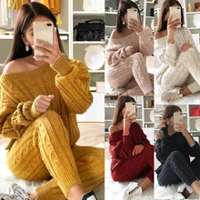 Новинка, женский спортивный костюм, повседневный вязаный комплект из 2 предметов, Осень-зима, свитер с длинным рукавом, пуловер, штаны, женский набор для бегунов