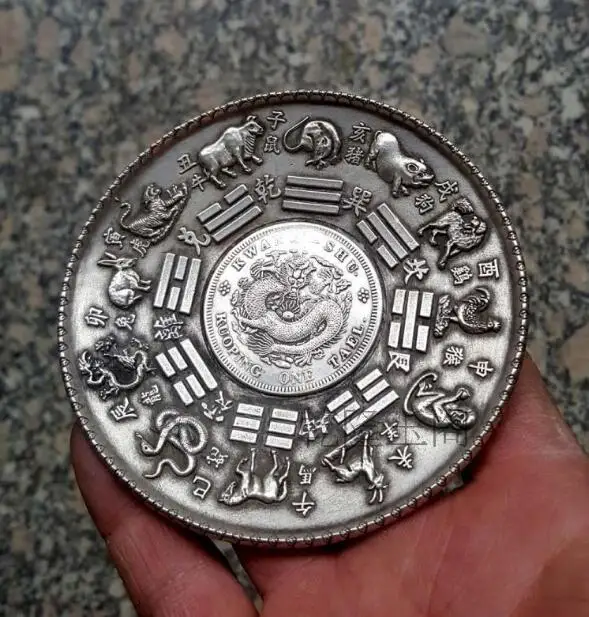 Медная Статуя антикварная старинная китайская тарелка с рисунком зодиака Цин