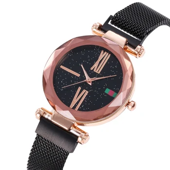 

Luxury Mesh Ladies Clock Magnet Buckle Starry Diamond Geometric Surface Casual Dress Quartz Wristwatch Women Watches Rose Watch