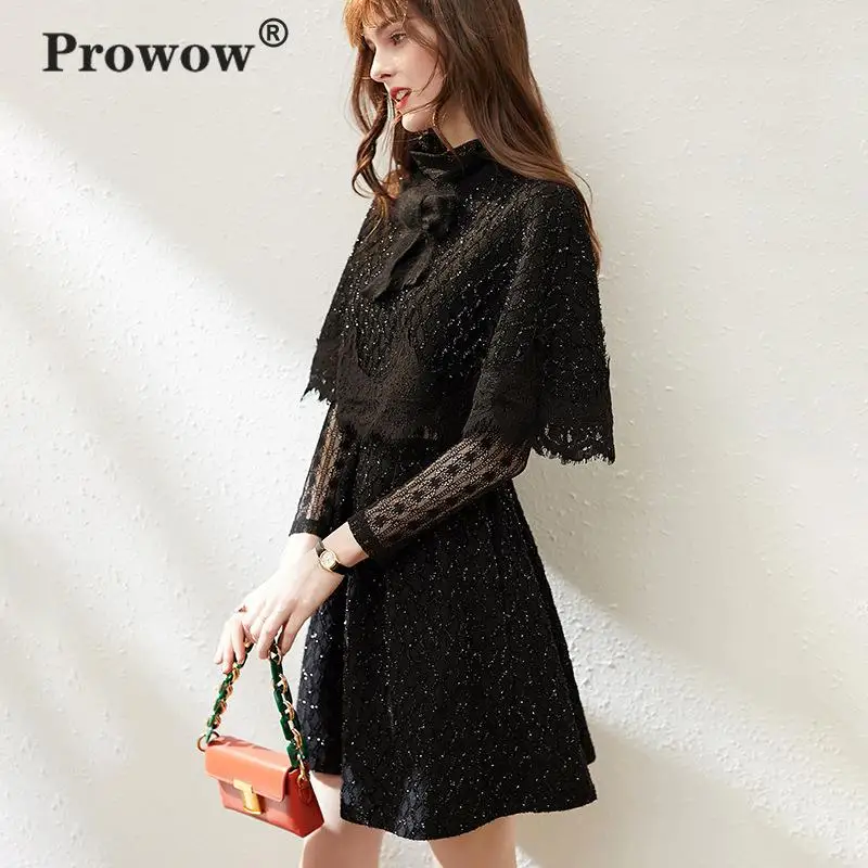 Prowow 3d жаккардовое кружевное платье, костюм для женщин, сплошной цвет, бант, шикарная накидка+ черное элегантное ТРАПЕЦИЕВИДНОЕ открытое кружевное платье для девушек, комплект из 2 предметов