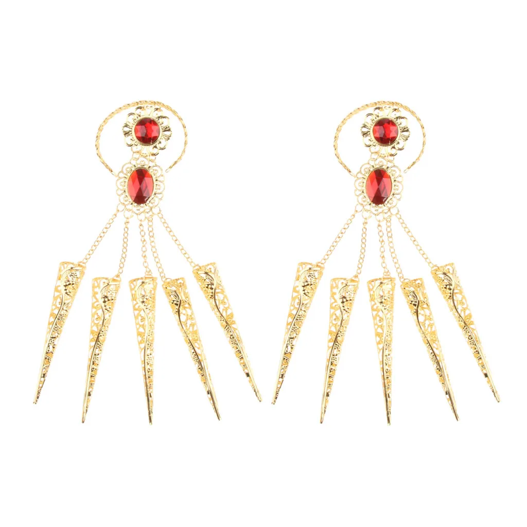 2x Girl Belly Dance Gold Bracelet 5 Finger Nails Thai Costume Hand Jewerlly