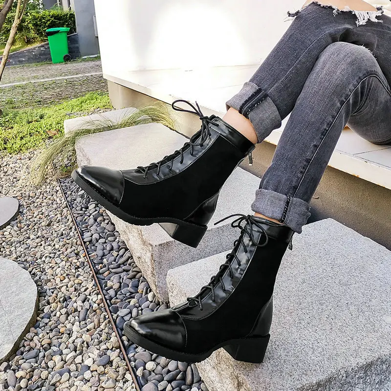 

Brand Square Toe Lace-up Ankle Boots Woman Fashion Comfort Chunky Heel Short Boots Ladies Retro Riding Boots 2019 Winter Shoes