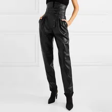 MEVGOHOT Модные женские винтажные кожаные брюки с высокой талией, облегающие кнопки в стиле ретро, черный пояс из ПУ кожи, брюки-карандаш HD2959