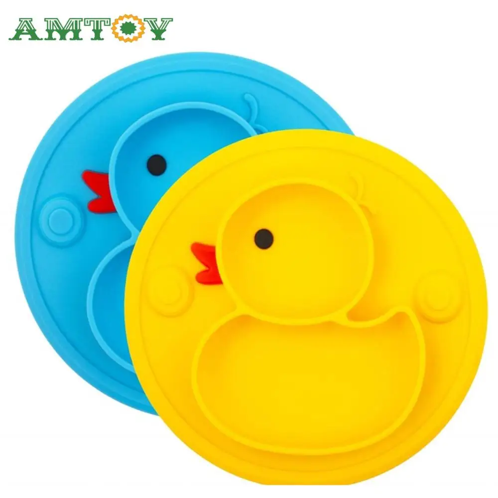 

AMTOY BPA Free Baby Duck-shape Silicone Divided Toddler Plates Portable Non Slip Suction Plates for Children Babies and Kids