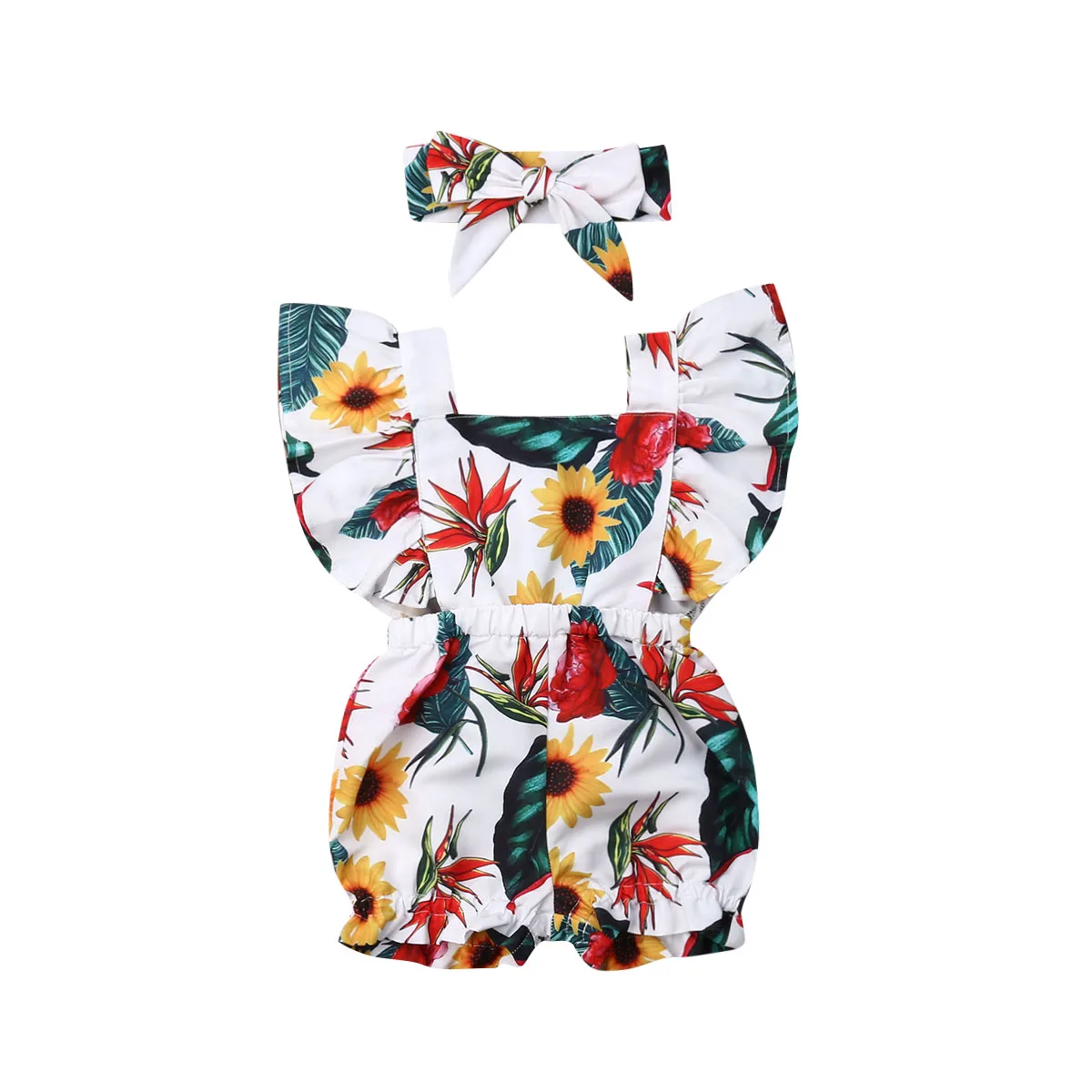Flower Print Одежда для новорожденных девочек с рукавами-крылышками, с оборками, Детский комбинезон с повязкой-бантом комплект одежды из 2 предметов - Цвет: Flower Print