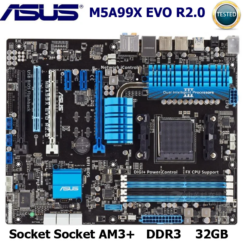 50% OFF  Socket AM3+ Asus M5A99X EVO R2.0 Motherboard DDR3 AMD 990X 32GB AMD FX/PhenomII PCI-E 2.0 USB3.0 Or