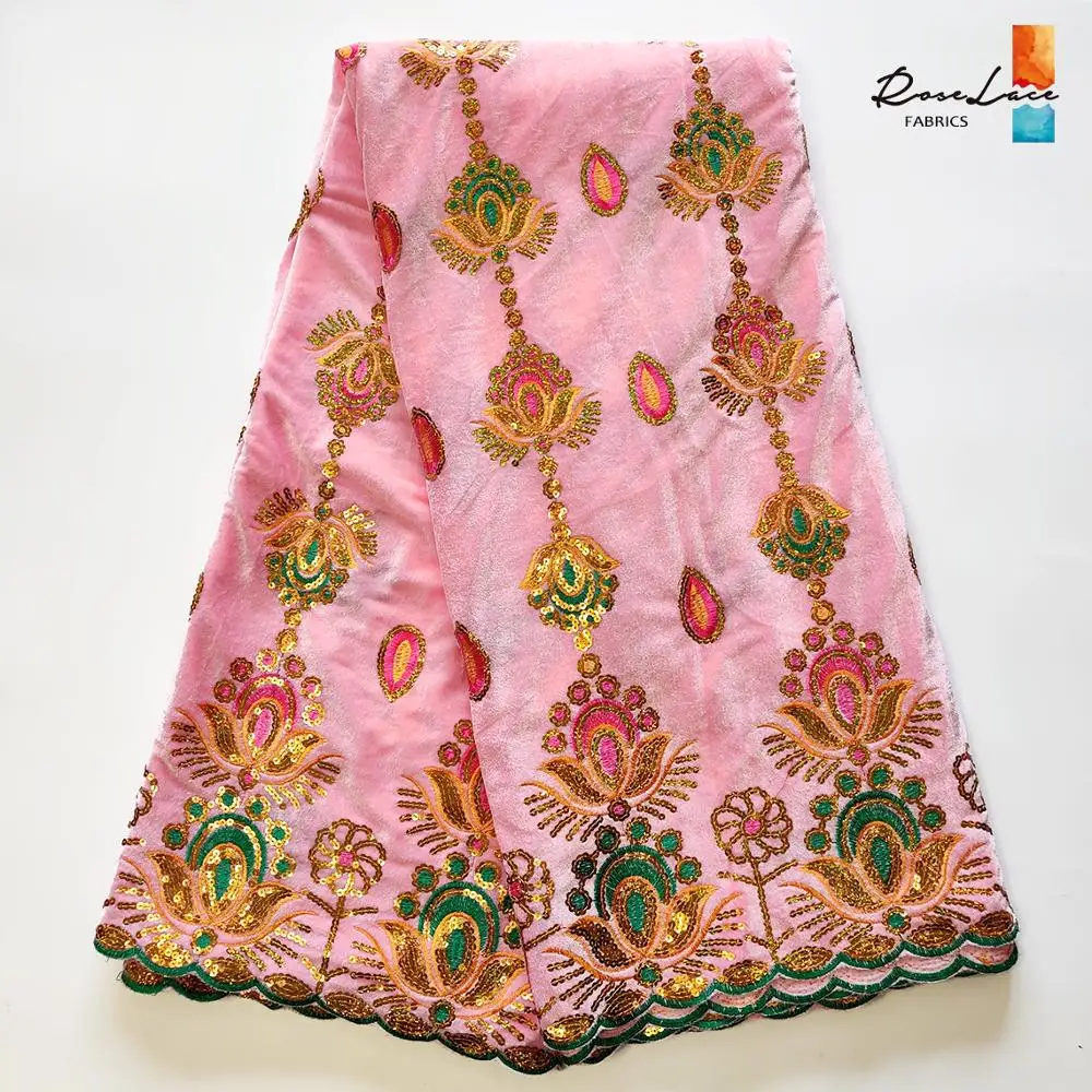 

Sequined Embroidered Velvet Laces Fabrics Pink Color African Nigerian Sequins Velvet Lace For Wedding Bride Dress Lace Material