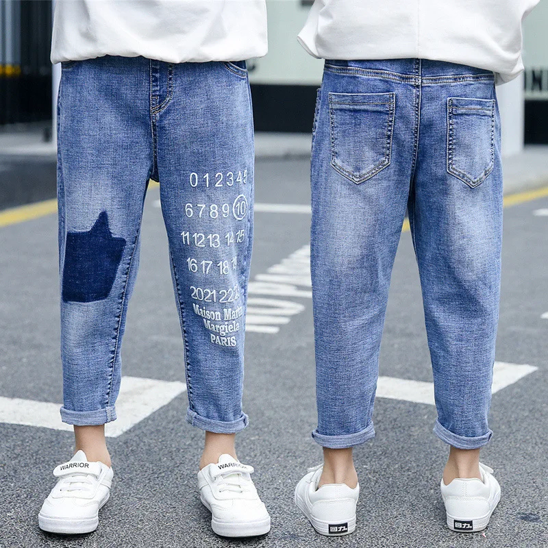 

2019 Spring New Style Korean-style BOY'S Elasticity Jeans in Children Big Kid Casual with Numbers Jeans