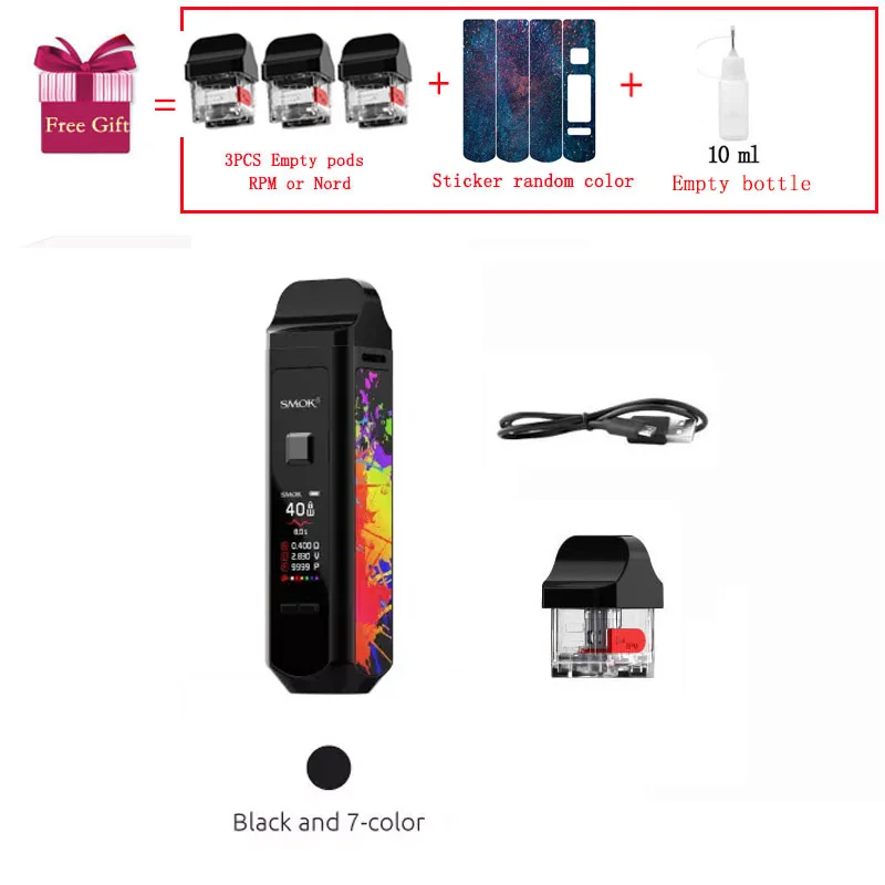 SMOK RPM40 Pod Комплект Vape 40 Вт 1500 мАч батарея 4,3 мл бак RPM сетка 4,5 Ом катушка мл Nord Pod RBA электронная сигарета испаритель - Цвет: Black and 7-color