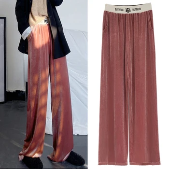 

Women 2020 Spring Traight Leg Pants Falling Loose Pleuche Wide-legged Empire Waist Casual Female Pants