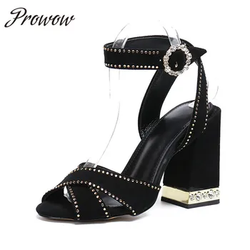 

Prowow New Black Suede Leather Crystal Beading High Heel Summer Sandals Open Toe Buckle Strap Thick Heel Office Lady Sandals