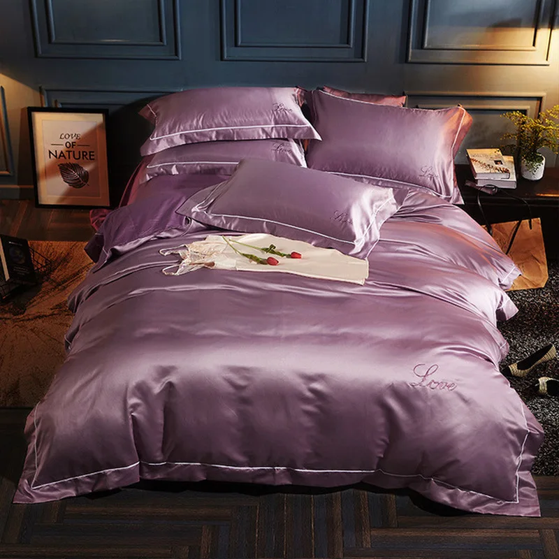 

HOT! 100% Pure Satin Silk Bedding Set Home Textile King Size Bed Set Bed Clothes Duvet Cover Flat Sheet Pillowcases Wholesale