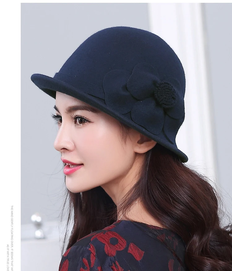 FS Elegant Formal Women Wool Felt Cap Warm Winter Fedora Hats Floral Cloche Bowler Caps Ladies Party Derby Wedding Church Hat