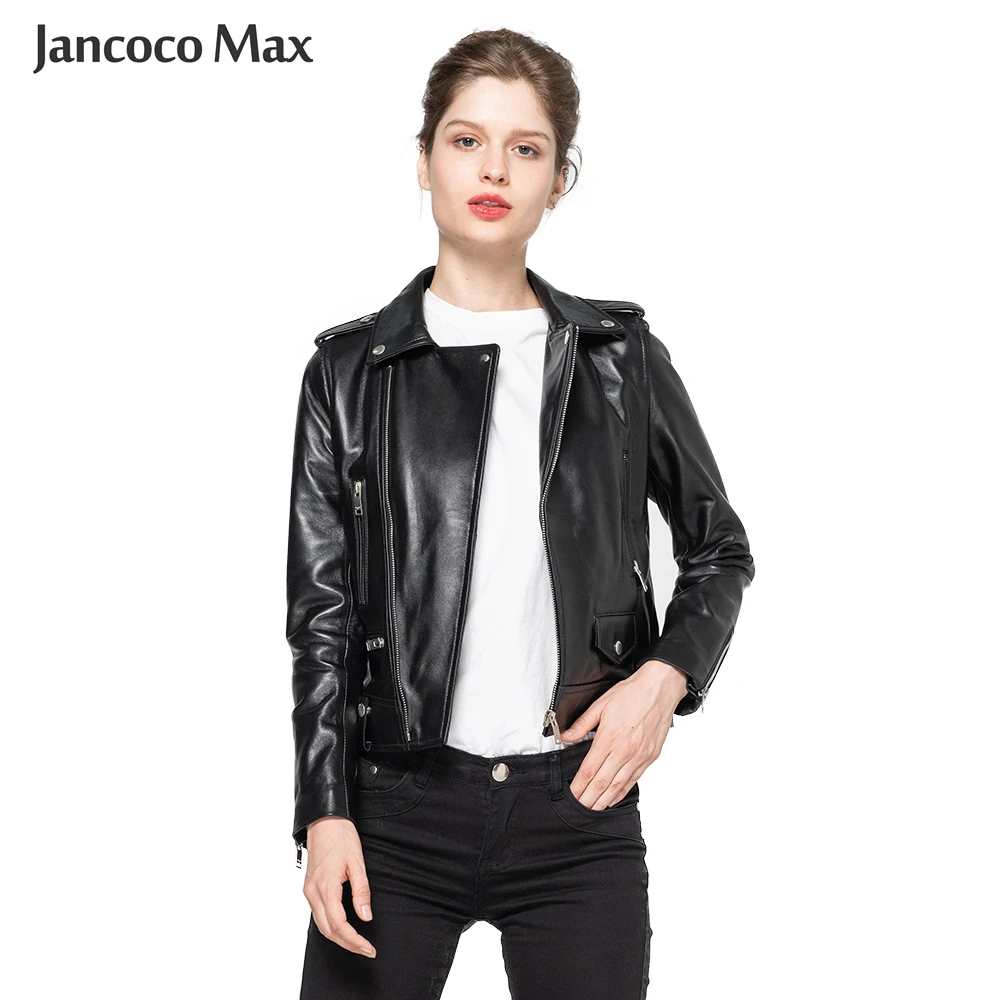 

Jancoco Max 2019 Spring Autumn Genuine Leather Jacket Women's Clothing Classic Black Leather Coat New Arrival S8004