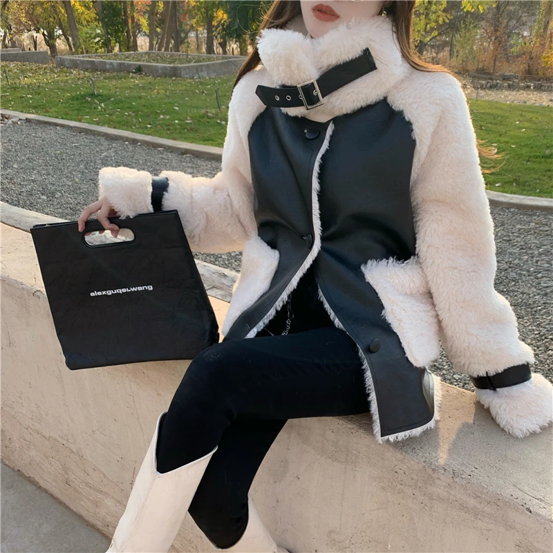 Feminino de Alta Cabolsa de Pele Inverno Qualidade Solto Gola Design Integrado Longo Emenda Único Breasted Algodão-acolchoado Bolso Jaquetas 11 único breasted algodão-acolchoado bolso jaquetas