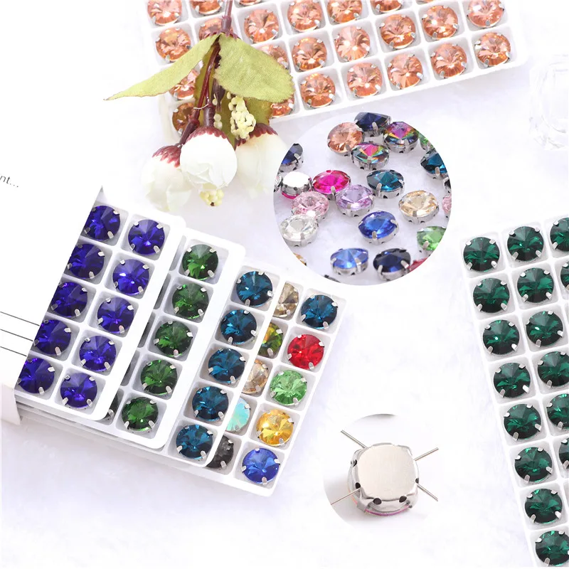 Round Sewing Glass Glitter Rhinestones With Silver Claw Sew on Stones For Needlework Diy Crystal On Shoes Clothes 8mm 10mm 12mm