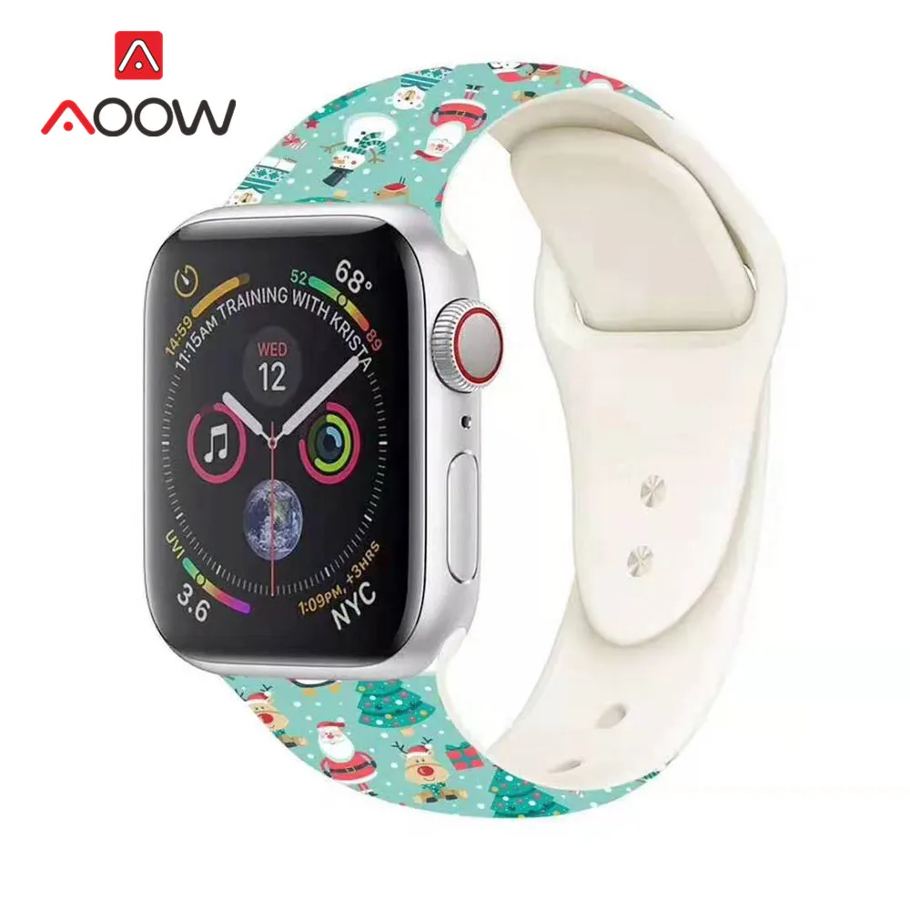Мягкий силиконовый ремешок для часов Apple Watch 4, 5, 38 мм, 42 мм, 40 мм, 44 мм, мультяшный принт, рождественский подарок, браслет для iWatch 123