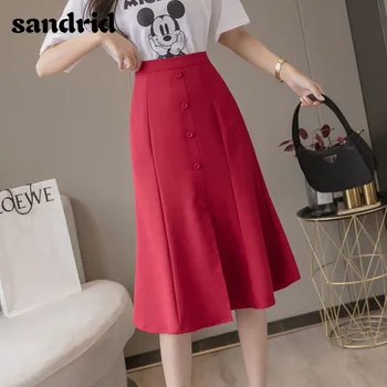 

sandrid Elegant A-line skirt high waist work 2020 black red elastic OL women's mid-length skirt office lady