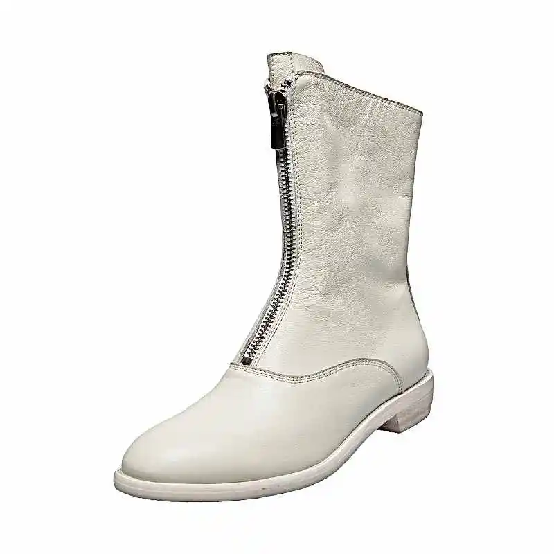 krazing pot vintage genuine leather round toe thick med heels gladiator the front zipper boots fashion modern mid-calf boots l01 - Color: Beige